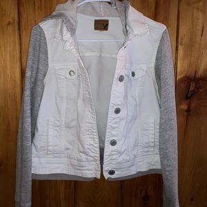 a white and grey jean jacket from american eagle